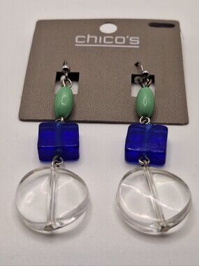 Chico's Blue Green Acrylic Drop Earrings Coastal Sea Glass Style Dangle Earrings